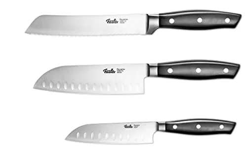 Fissler PROFI Messerset 3 tlg, Santoku Messer 130mm + 165mm & Brotmesser 180mm- Hochwertig, Spezialklingen-Edelstahl geschmiedet - scharf, Rostfrei, Küchenmesser breites Klingenblatt
