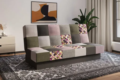 Schlafsofa CYPRUS Patchwork - Rosa + Oliv - Schlafsofa mit Schlaffunktion und Bettkasten, Click-Clack Mechanismus für schnellen Umbau in ein bequemes Bett, langlebige Konstruktion aus Massivholz und hochwertiger Bonell-Federung für optimalen Komfort.