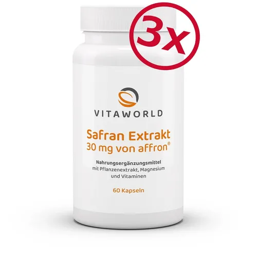 3er Pack Vita World Safran Extrakt 3 x 60 Kaps Mit Magnesium + B-Vitamine Vegan
