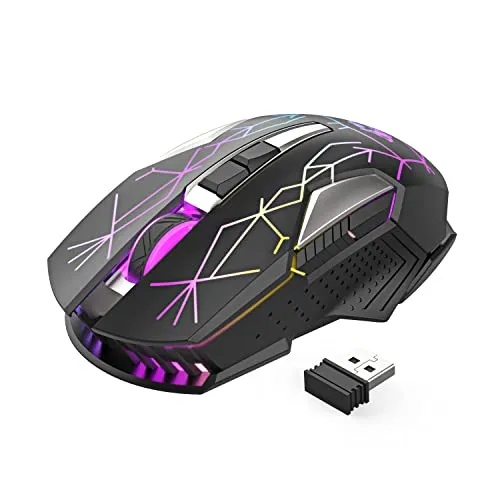 Kabellose Gaming-Maus, 2400 DPI, Seitentaste, USB Empfänger, Atmung RGB-Beleuchtung, 7 Tasten Lautloses Klicken, 2.4 GHz Wiederaufladbar Wireless Mouse, Gaming-Maus für Laptop, PC - Stern Schwarz