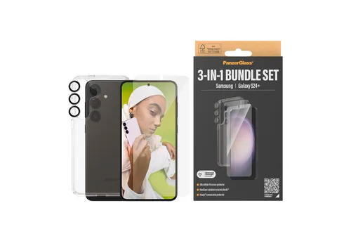 PanzerGlass™ 360-Grad 3-in-1 Schutzpaket für Samsung Galaxy S24 Plus - Schutzfolien für Handys mit 360-Grad-Schutz: Kameraobjektivschutz, D3O HardCase und Ultra-Wide Fit Bildschirmschutz bieten militärische Schutzqualität und umweltfreundliche Materialien.