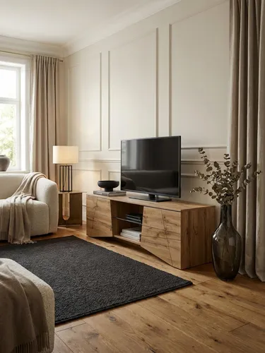 Lowboard Eiche-Nachbildung 160x50x40 cm – Moderner TV-Schrank mit Türen - Stylisches Lowboard für Fernseher bis 70 Zoll. Mit zwei offenen Fächern für Geräte und zwei Türfächern für DVDs. Praktische Kabeldurchlässe sorgen für Ordnung. Ideal für Ihr Wohnzimmer!