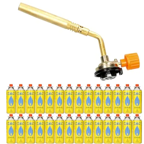 Z.M.C ALLZWECKBRENNER Gasbrenner 1,65 kW + 28x Gaskartuschen 227g, Lötbrenner bis zu 1371 °C, Schweißbrenner Bunsenbrenner mit einstellbarer Flamme, Abflammgerät Lötlampe ideal für Werkstatt