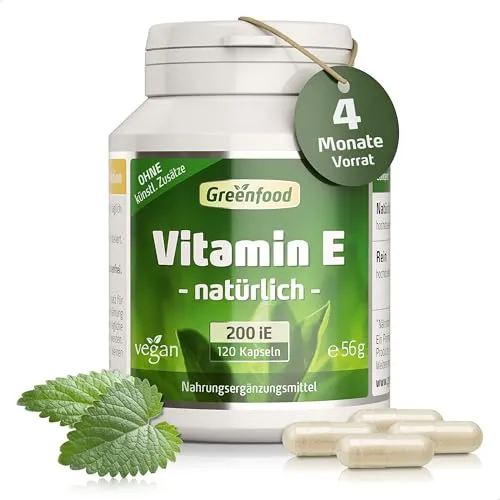 Vitamin E, hochdosiert, 200iE - 120 Kapseln, vegan. Natürliches Tocopherol – schützt die Zellen vor oxidativem Stress. OHNE künstliche Zusätze - laborgeprüft. Von Greenfood.