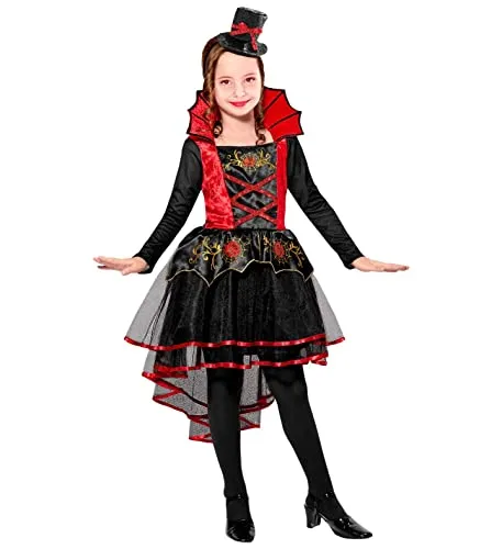 Vampirin Kleid Minihut Gr. 128 - Halloween Kostüm für Mädchen - Mädchenkostüm mit schwarz-rotem Kleid und Minihut, ideal für Halloween. Das stilvolle Design mit Tüllschichten und glitzernden Spinnenweben sorgt für einen tollen Auftritt!