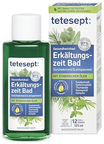 tetesept Erkältungszeit Bad – Gesundheitsbad für die kalte Jahreszeit mit 5 ätherischen Ölen – Wohltuender Badezusatz zur Entspannung von Körper und Geist – 1 x 125 ml