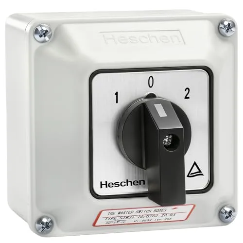 Heschen Universal-Drehschalter, SZW26-20/D202.2D, 660V 20A, ON-OFF-ON 3 Positionen, 2 Phasen, 8 Klemmen, mit Hauptschalter-Außenbox (Größere Box)