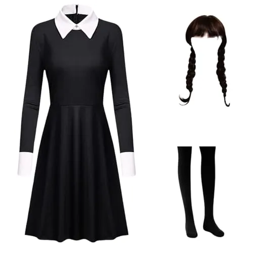 Kostüm Kleid Damen Mädchen Karnival Kosplay Schwartz Kleid Gothic Uniform Kinder Halloween Outfit mit Things und Wig L