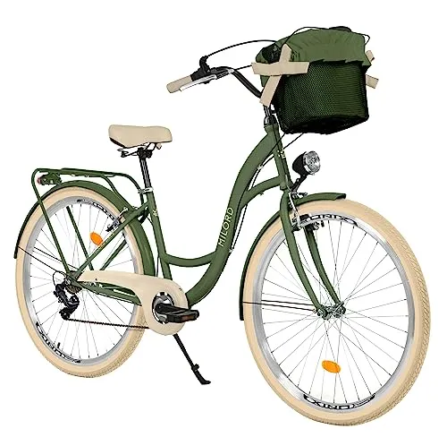 MILORD Damenfahrrad Citybike Komfort mit Metallkorb, 7-Gang (28 Zoll, Khaki)
