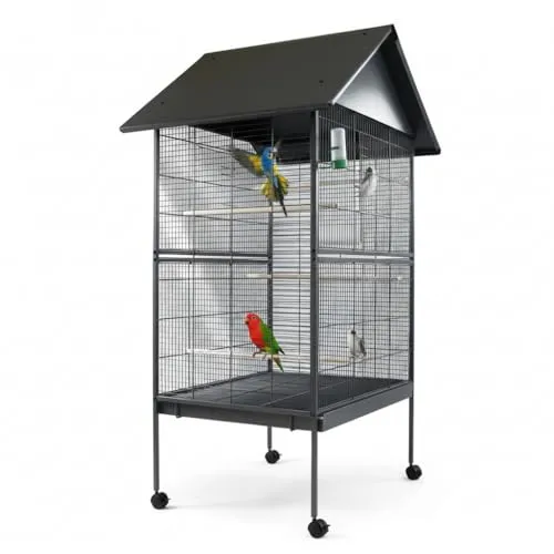 Melko Vogelkäfig Grau XXL - Geräumige Vogelvoliere mit Dreiecksdach - Käfige mit großzügigem Platzangebot und vielen Extras. Ideal für Vögel und auch Nager, ausgestattet mit Sitzstangen, Futternäpfen und einfacher Reinigung.