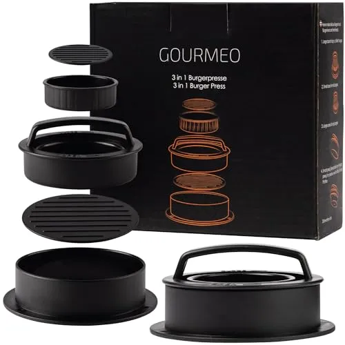 GOURMEO 3 in 1 Burgerpresse - Burger Patty Presse für kleine große gefüllte Patties - Hamburgerpresse inkl. 50 Blatt Antihaftpapier - Burger Paddy Press - Patties Presse