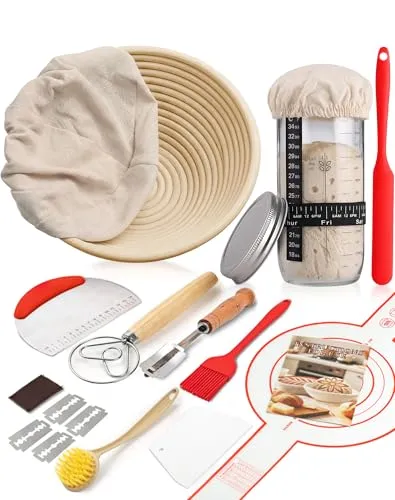QLSXLB 10-teilig Sauerteig Starter Set mit Gärkörbchen Rund mit Gärtuch Sowie Gärglas mit Spatel und Bäckermesser, Brot Backen Zubehör, Sauerteig-Glas, Handgefertigtes Rattan von Indonesien Gärkorb