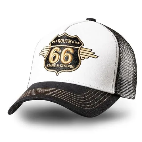 STARS & STRIPES Western-Mode Trucker Cap Route 66 – Schwarz & Weiß - Auffällige Trucker Cap mit hochwertiger Bestickung und atmungsaktivem Mesh-Einsatz. Der verstellbare Snapback-Verschluss sorgt für eine perfekte Passform und macht sie zum idealen Accessoire für Outdoor-Abenteuer.