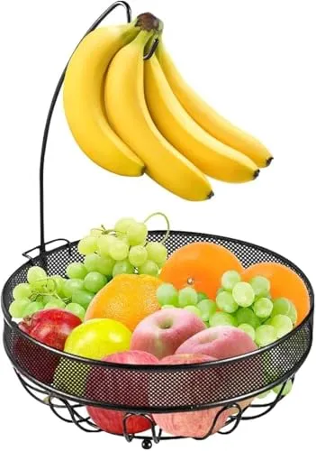Bomclap Obstkorb mit Bananenhalter - Küche Metall Obstschale - Stehend Modern Obstschalen - Obstkörbe mit riesigem Fassungsvolumen für Obst Gemüse Brot Snacks - Bronze