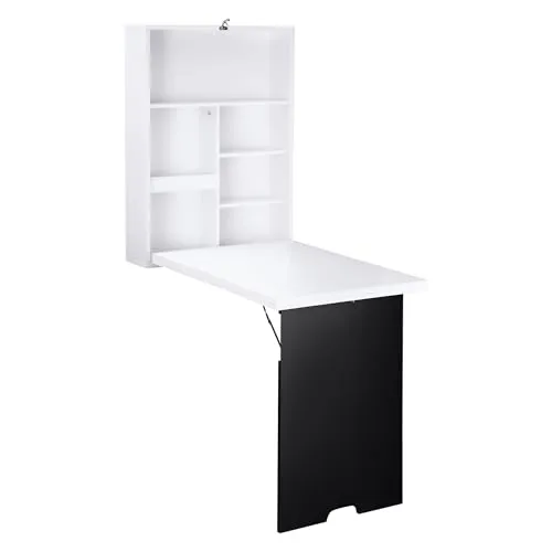 HOMCOM Schreibtisch Wandtisch Wandklapptisch mit Tafel, 5 Fächern, Klappschreibtisch Klappbarer Computertisch für Büro Weiß+Schwarz 60 x 94,5 x 147 cm