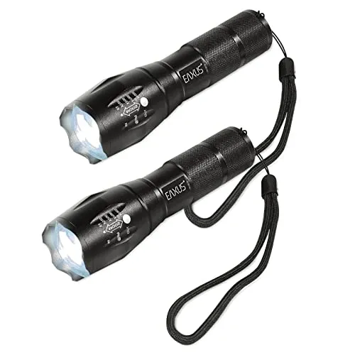 Eaxus® 2er Set Taktische Taschenlampe LED - Zoombar | Blackout Notfallausrüstung | SOS-Modus | 5 Leuchtmodi | CREE LED, Schwarz