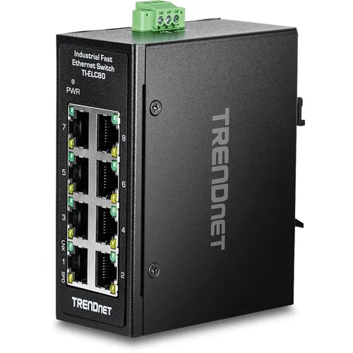 TRN TI-ELC80 - 8-Port Fast Ethernet Mini-Switch, robust und temperaturbeständig von -40°C bis 75°C, ideal für industrielle Anwendungen