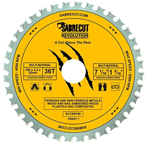 SabreCut SCCSM180_36 180mm 36T x 30mm 25,4mm 20mm 16mm Bohrung Multi-Material Metall Holz Kunststoff Kreissägeblatt kompatibel mit Bosch Dewalt Makita Milwaukee und vielen anderen 1 x