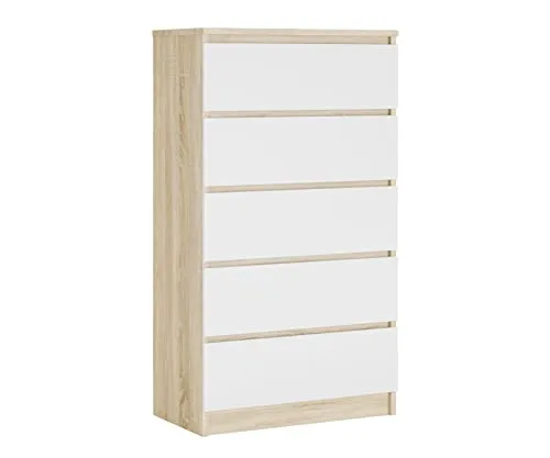 3E 3xE living.com Komodenschrank mit 5 Schubladen, Farbe: Sonoma Eiche/Weiss, A: 70 x 125 x 39 cm