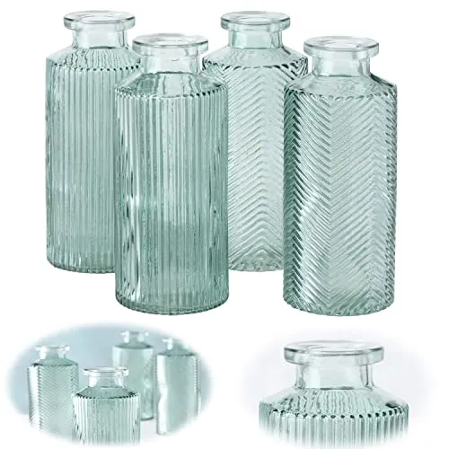 LS-LebenStil 4 Stück Deko-Flaschen Glasvase 14cm Salbei-Grün Set Blumenvase Tisch-Vase Väschen Dekovasen Tischdeko Frühling Blumendeko Glasflaschen für Tulpen Rosen Tischdeko Hochzeit