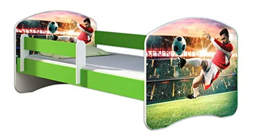 ACMA Kinderbett Jugendbett mit Einer Schublade und Matratze Grün mit Rausfallschutz Lattenrost II 140x70 160x80 180x80 (37 Fußballer 2, 180x80)