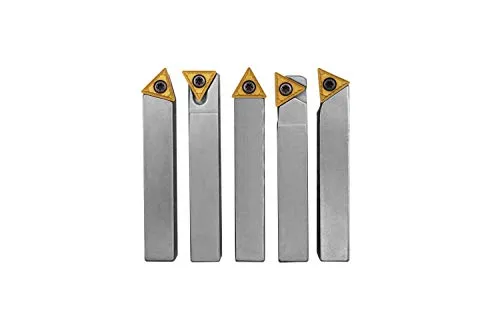 Drehmeißel-Set mit Wendeplatten, 5-teilig - Zubehör für Elektrowerkzeug: 5-teiliges Set mit vernickelten Drehmeißeln für Längs- und Plandrehen, bietet hervorragenden Korrosionsschutz und vielseitige Einsatzmöglichkeiten durch austauschbare Hartmetall-Wendeschneidplatten.