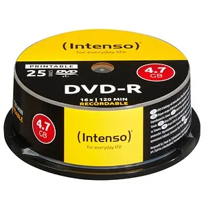 Intenso DVD-R Rohlinge bedruckbar 25er Spindel - Rohlinge mit 4.7 GB Kapazität, ideal für Inkjetdruck. Praktische Spindel zur Aufbewahrung, sehr lange Archivierungsdauer, perfekt für kreative Projekte.