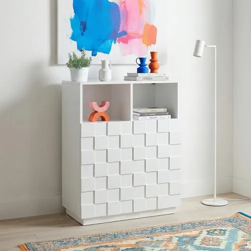 [en.casa] Highboard Wohnzimmer Bopibobro mit 3D-Front und 2 Türen - Stylisches Highboard mit moderner 3D-Front in Weiß. Bietet durch zwei Türen und vier Fächer viel Stauraum für Bücher, Deko und mehr. Ideal für Wohnzimmer, Esszimmer oder Flur. Einfache Montage und pflegeleichte Oberfläche für Alltagstauglichkeit.