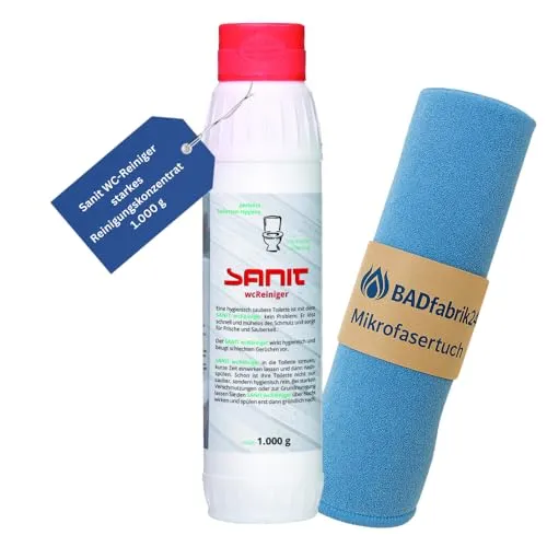 BADfabrik24 Sanit WC-Reiniger 1000 g + Mikrofasertuch – entfernt Kalk & Urinstein, hygienische Frische, materialschonend für Keramik/Porzellan – einfache Anwendung