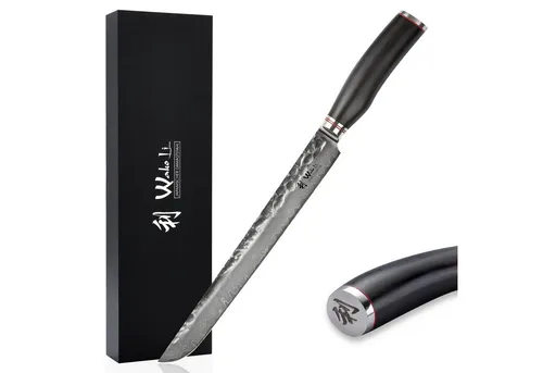 Fleischmesser Tanto I 27,5 cm – Damaststahl mit Hammerschlag und Eichenholzgriff - Taschenmesser mit 27,5 cm Klinge aus 67 Lagen Damaststahl, ergonomischer Griff aus schwarzem Eichenholz für perfekten Komfort und Rasiermesserscharfe Schneide.