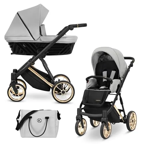 Kunert® IVENTO 2 in 1 Kinderwagen Kombikinderwagen komplettset I incl. Babywanne & Buggy Sportsitz mit Wickeltasche/Regenschutz +Fußsack I IVE 06 DOVE GREY/GOLD FRAME
