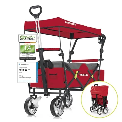 Hoberg Bollerwagen inkl. Dach & Kühltasche - Faltbarer Bollerwagen in Rot mit 80kg Tragkraft, inklusive Kühltasche und Getränkehalter – ideal für Ausflüge und Picknicks.