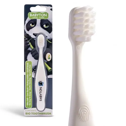 Babyton Bio-Zahnbürste, umweltfreundlich, weiche Borsten für Babys, ergonomischer Griff, biologisch abbaubares Maiskolben-Material (Panda)