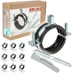 Tecuro - 10-er Kombi-set Schraubrohrschelle 48-53 Mm, Inkl. Stockschraube M8 X 80 Mm Und Hohlraumdübel, Mit Schallschutzeinlage