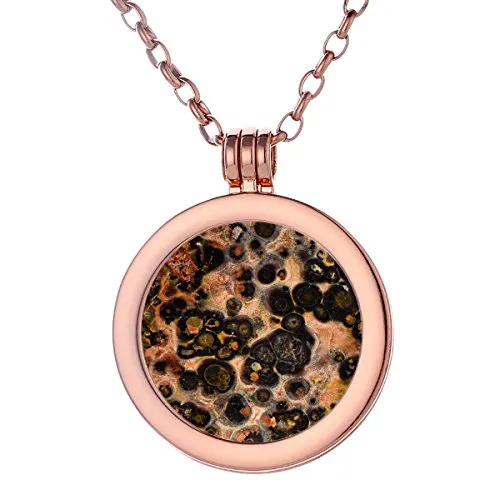 Morella Damen Halskette Rosegold 70 cm Edelstahl und Anhänger mit Edelstein Leopardenjaspis Coin 33 mm Chakren Scheibe in Schmuckbeutel