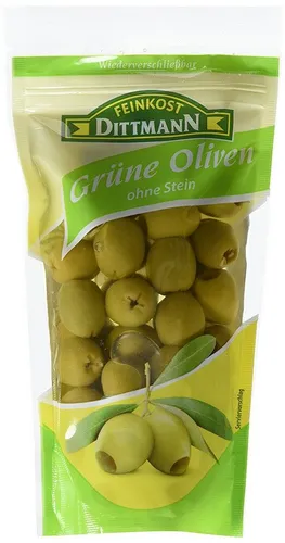 Feinkost Dittmann Grüne Oliven ohne Stein, 10er Pack - Köstliche grüne Oliven ohne Stein, ideal für Salate oder als Snack. Praktisches 10er Pack (10 x 270 g) für Genuss ohne Kompromisse.