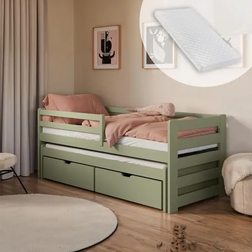 Kids Collective Einzelbett 90x200 cm mit Rausziehbett - Praktisches Funktionsbett für Kinder von 4 bis 18 Jahren, inkl. Rausziehbett, 2 Matratzen und Rausfallschutz – ideal für Übernachtungsbesuche und sicheren Schlaf.