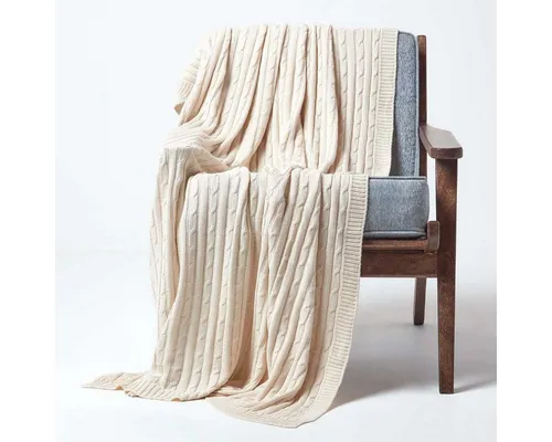 Homescapes Plaid Baumwolldecke mit Zopfmuster, beige, 130 x 170 cm - Bettdecken: Hochwertige 100% Baumwoll-Decke mit charmantem Zopfmuster, ideal als kuschelige Sofadecke oder Tagesdecke für jedes Zuhause.