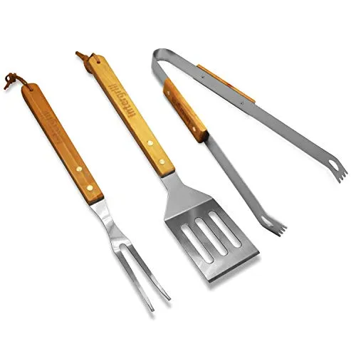 intergrill Grillwerkzeug Set 3-teilig | Edelstahl BBQ Tool Set | Eichenholz-Griffe | Grillzange Wender Grillgabel | Kohlegrill Gasgrill Elektrogrill