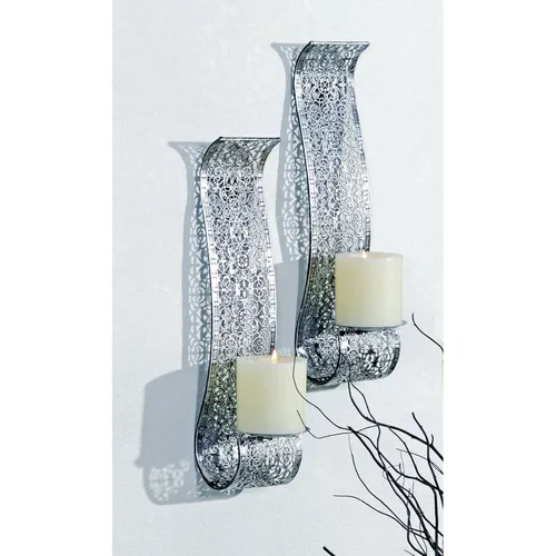 Kerzenhalter Wand 2er Set H: 37,5cm Stahl in Silber dekorativ Wand Kerzen Halter