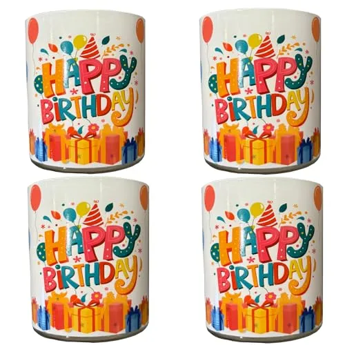 Candelo 4er Set Hochwertige Geburtstagskerzen im Glas Ambiente – Happy Birthday Kerze – 8 x 7cm - 30 Std Brenndauer – Windlicht ohne Duft – Glaskerze Kindergeburtstag Deko