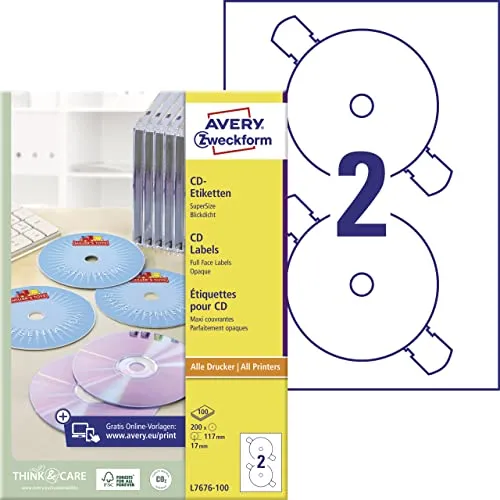 AVERY Zweckform L7676-100 CD-Etiketten - Medien-Etiketten mit 200 blickdichten CD-Aufklebern, ideal für SuperSize CDs. Garantiert gestochen scharfes Druckbild und einfaches Anbringen dank praktischer Haltelasche.