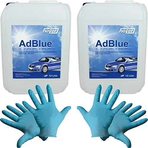 Hoyer AdBlue® 2x 10 L inkl. Ausgießer + Nitril-Handschuhe - Dieselkraftstoffadditive zur Reduzierung von Stickoxiden, 20 Liter umweltfreundliches AdBlue, inklusive Befüllschlauch und 2 Paar Einweg Nitril-Handschuhe.