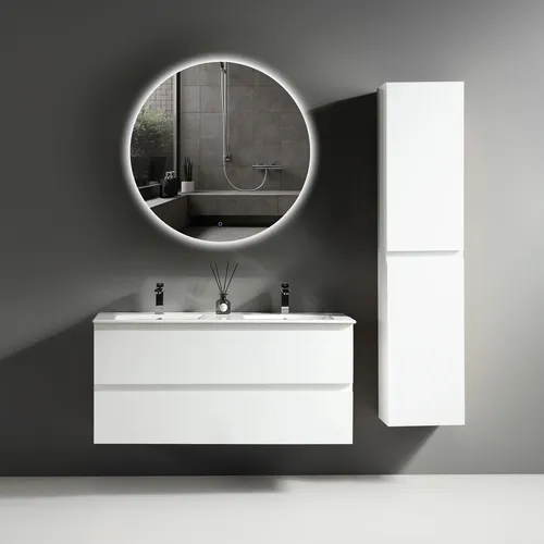 Alpenberger Badezimmer-Set mit Doppelwaschtisch und beleuchtetem Spiegel - Badmöbel-Set mit elegantem Doppelwaschtisch und runden Spiegel. Ideal für stilvolle Badezimmer, feuchtigkeitsresistent und mit Softclose-Funktion für sanftes Schließen.