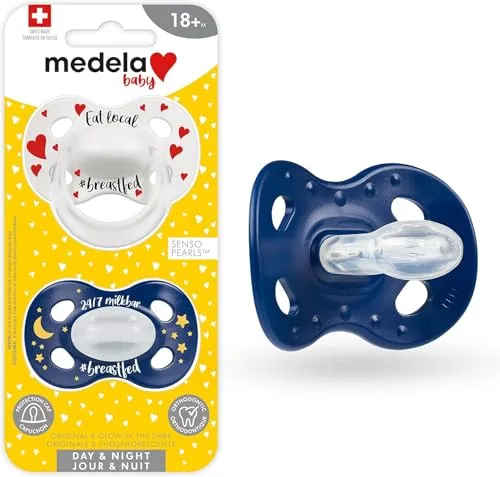 Medela Baby Pacifier | Day and Night Glow in The Dark | 18+ Months | 2-Pack, Lightweight | BPA-Free | Supports Natural Suckling | Eat Local and 24/7 Milkbar