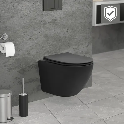LuxeBath Tiefspül-WC - Spülrandloses Hänge WC in Schwarz matt - Sanitäranlagen & Zubehör - Hochwertige Keramik mit abnehmbarem Softclose WC-Sitz und Nano-Beschichtung für leichtes Reinigen und Lotus-Effekt.