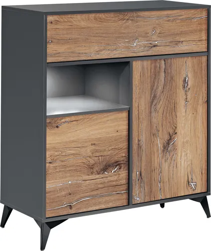 Komodee, Kommode Buffet Orvieto 3D, Eiche/Anthrazit, Breite 100cm x Höhe 113,5cm x Tiefe 40cm, LED, für Wohnzimmer, Schlafzimmer