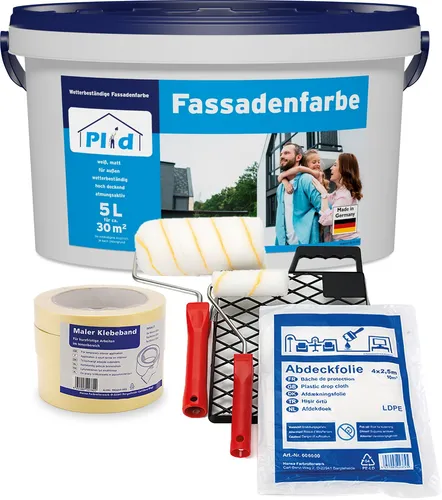 Plid® Fassadenfarbe Außen - Wetter- & UV-beständig (5l) - Hochwertige Fassadenfarbe für Mauerwerk und Beton. Ideal für strapazierfähige Innenanstriche. Made in Germany, hochdeckend und schnelltrocknend.