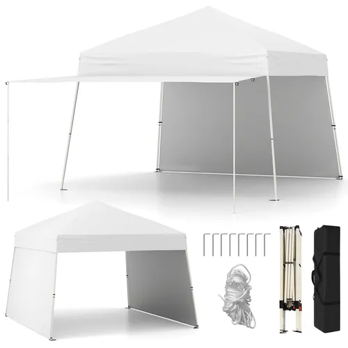 GOPLUS 430 x 280 cm Pop-up Pavillon mit 2 Seitenwänden, verstellbare Outdoor-Sonnenschutz tragbar mit 8 Heringen & 4 Windseilen, Weiß