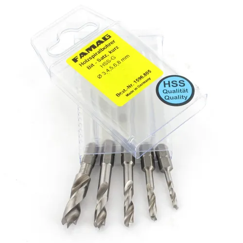 Holzspiralbohrer-Bit-Set kurz 5-teilig - Zubehör für Elektrowerkzeug, präzise Bohrer für saubere Löcher in Holz und langlebig für häufigen Einsatz.